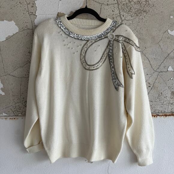 Vtg 80s Holiday Sweater Sequin Bow Pearl Pullover Alfred Dunner L Coquette Glam - Picture 1 of 8